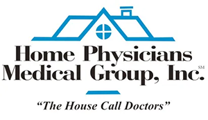 A blue and white logo of home physicians medical group.