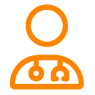 An orange and white icon of a person with headphones.
